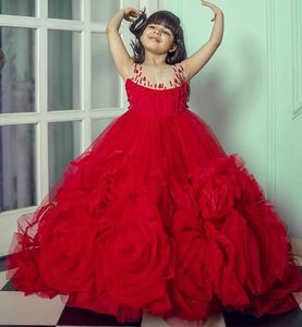 2022 Luxuoso Vermelho Sheer Pescoço Tutu Flower Girl Vestidos Mão Feito de Flores Feito de Flores Cristais Tiers Tulle Little Crianças Aniversário Artesanato Weddding Vestidos ZJ54