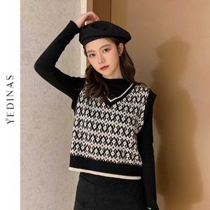 Yedinas Women Fashion Houndstooth Knitted Vest Sweater V Neck Sleeveless Vintage Female Waistcoat Korean Style Chic Tops 210527