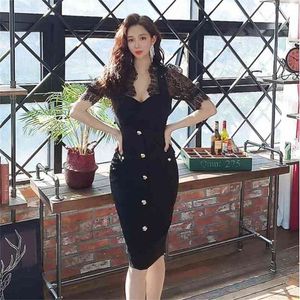 Sexy Bleistift Spitzenkleid Damen Korean OL Jacke Arbeit lässig schlank elegant hohl Party einreihig 210603