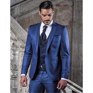 Custom Made Blue Terno Smoking dello sposo Groomsmen costume homme Abiti da uomo da uomo slim fit Abiti da uomo (giacca + pantaloni + gilet + cravatta) X0909