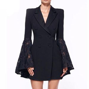 Women's Jackets Europe And America Spring Autumn Air Lapel Double Breasted Trumpet Sleeve Medium Jacket