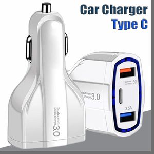 3-Port LED Car Charger 3.5A USB QC3.0 Type-C Universal Fast Charging for iphone 11 12 13 14 pro max samsung Android phone Mini Quick Chargers Vehicle Adapter no retail box