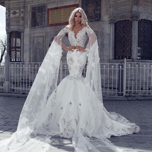 Plus Size Mermaid Jewel Neck Lace Applique Wedding Dresses With Long Sleeves Sheer Gorgeous Sequined Bridal Gowns robe de mariée