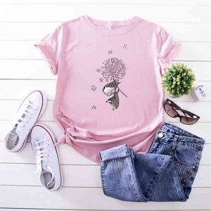 JcGo Summer Women T-shirts Kortärmad Gullig tjej Grafisk tryck Bomull Plus Storlek S-5XL Kvinna Loose Casual T-shirt Topp Tees 210623