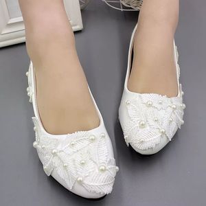 New fashion design lace pearls flats wedding shoes for woman ladies plus sizes bridal flats shoes