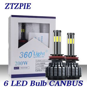 ZTZPIE 6000K 200W H8 H3 H7 H9 26000LM 9006 HB4 9005 HB3 H4 H11 h1 6 six Led Headlight Bulb Super Bright Car Light 12V