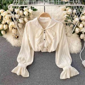 Women Fashion Retro Spring V-neck Long Sleeves Loose Thin Shirt Wooden Ear Elegant Vintage Blouse Tops R191 210527