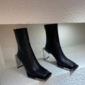 Ankle boots women autumn winter metal square toe High Heel short Boot genuine Leather fashion sexy pumps runway 2022