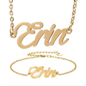 Ohrringe Halskette Mode Edelstahl Name + Armband Set „Erin Script Letter Gold Choker Kette Anhänger Namensschild Geschenk