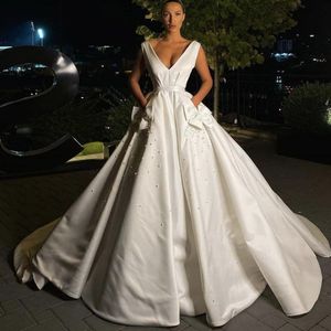 Cheap Simple New Elegant A Line Dresses Deep V Neck Pearls Sweep Train Satin Backless Bows Pockets Bridal Gowns Wedding Dress