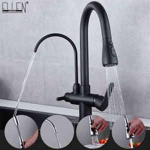 Deck Mounted Black Kitchen Faucets Pull Out Cold Water Filter Tap for Kitchen Three Ways Sink Mixer Kitchen Faucet ELK9139B 210903