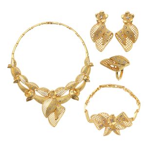 Bröllopsmycken sätter ny Dubai 24K guldfärg Kvinnor Halsband Örhängen Armband Ring Afrikanska Gåvor Smycken Set