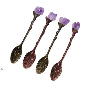 Naturlig Crystal Spoon Amethyst Hand Skuren Långt handtag Kaffe Mixing Spoon DIY Hushåll Tea Set Tillbehör RRB13426