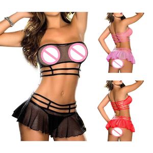 Sexig underkläder Corset Hollow Out Mesh Outfits Top Bra + Kjol + Thong Set Klänning För Kvinnor Hot Erotic Fishnet Sex Kläder Danserkläder Y0911