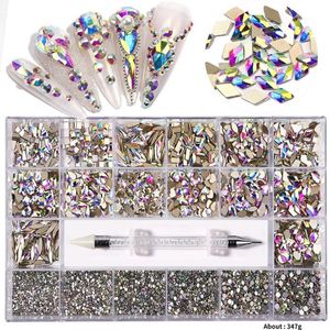 Nail Jewels großhandel-Nail Art Dekorationen Q1QD Gitter Strasssteine Set Multi Formen Glas Kristall Juwelen für Nägel mit Wachstift