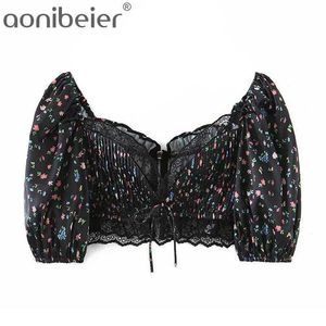 Goth Printed Sheer Lace Trim Sweetheart Crop Tops Summer Fashion Short Puff Sleeve Zipper Back Women Slim Blouses 210604