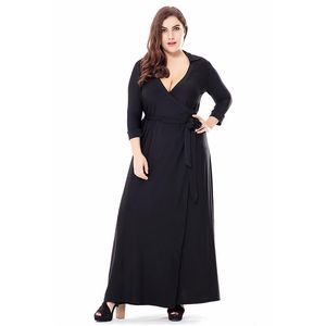 Günlük Elbiseler Sonbahar Kadın Zarif Siyah Düz Artı Boyutu Elbise Katı V Yaka Ayak Bileği Uzunlukta Yağ Mm Uzun Parti Büyük