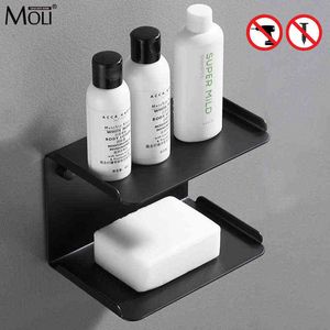 MOLI Punch Free Black Matte Bathroom Soap Holder Stainless Steel Soap Dish Wall Mounted Bath Bathroom Shelves Soap Basket MLE114 211119