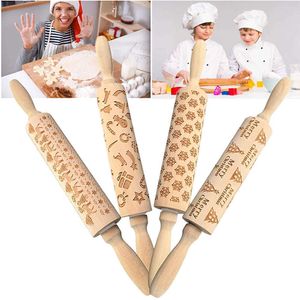 Trä Jul Embossing Rolling Pin Bakning Kakor Nudel Biscuit Fondant Cake Deg Graverad Rolling Pin Kök Tillbehör 211008