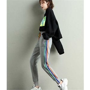 Rainbow Side Stripe Sports Pants Joggers Women Elastic High Waist Harem Pants Streetwear Sweatpants for Women Casual Harajuku Q0801