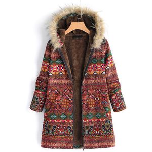 Damenjacken Frau 2021 Nationaler Stil Frauen Herbst Winter Langarm Mit Kapuze Mantel Vintage Folk Muster Damen Fleece Mäntel Outwear