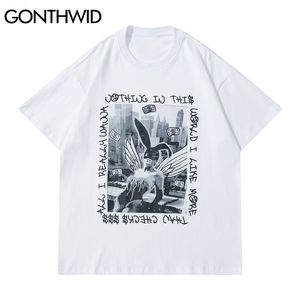 Tshirts Streetwear Rolig Graffiti Affischtryck T-shirts Mens Hip Hop Harajuku Casual Loose Cotton Short Sleeve Tops 210602