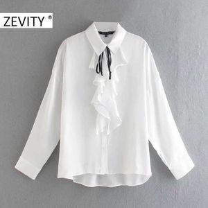 Zevity Women Fashion Black Bow Bundet Cascading Ruffle Casual Smock Blusskjorta Kvinnor Långärmad Business Blusas Tops LS7242 210603