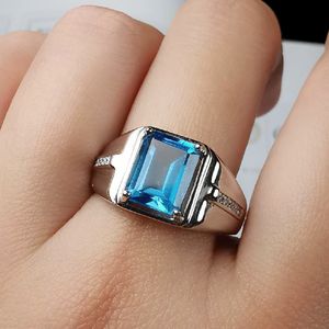 Moda Kare Mavi Kristal Topaz Gemstones Diamonds erkek Parmak Yüzük Beyaz Altın Gümüş Renk Takı Serin Aksesuarları Hediyeler