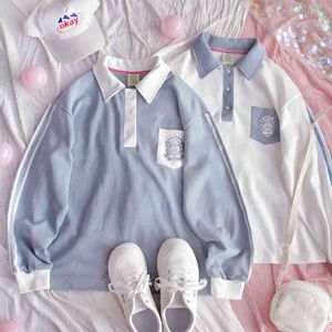 Wiosna Jesienna Bluzy Kobiety Koreański JK Harajuku Preppy Cute Soft Siostra Czysta Bawełna Lapel Długie Rękaw Pulower Girls Bluza