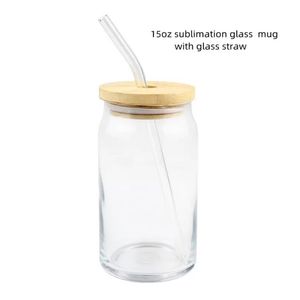 15oz Sublimation Glass Blanks Beer Mugs Frosted Clear Can Wine Tumbler with Bamboo Lid and Glass Straw Ice Juice Cup Coffee Soda Whiskey Glasses DIY Drinkware