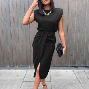 2枚セット女性のハイウエストエレガントな黒いフロントスリットオフィスの服の衣装のための衣装のためのファッションタンクスーツドレス210730