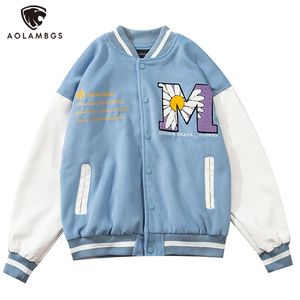 Aolamegs Furry Big Letter Daisy Flowers Patch Patchwork in pelle Giacca da baseball da uomo Autunno stile college Bomber Cappotto da uomo 210927