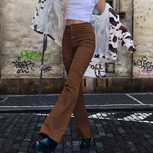 Kahverengi Kot Kadın Yüksek Bel Pantolon Flared Kadın Jean Vintage Kadın Giyim Denim Pantolon Pantolon E Kız 211129