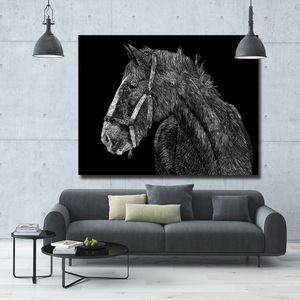 Einfacher Entwurf von Pferd Schwarz -Weiß -Bild Tierkunst für Wohnzimmer Home Wanddekoration Poster auf Leinwand gedruckt