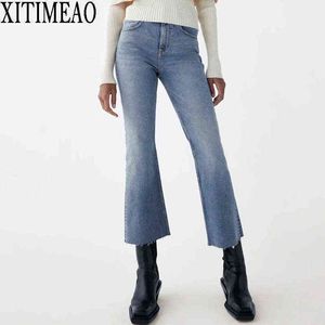 Za vintage grundläggande blå jeans kvinnor streetwear hög midja stretch flare byxor joggare byxor mode nionde 211129