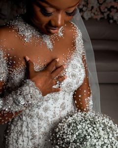 Lyx plus size sjöjungfru 2021 bröllopsklänningar brudklänningar tiered ruffles långärmade pärlor pärlor kristallrock de mariee247d