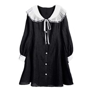 PERHAPS U Women Black Peter Pan Collar Bow Button Manica lunga A-line Mini abito Oversize Spring D2435 210529