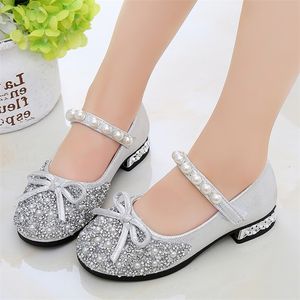 Złote Silver Różowe Children Skórzane Buty Dziewczyny Kids Rhinestone Księżniczki Buty na ślub i Party Girl Studio Taniec Buty 3 4 5-14t 210306