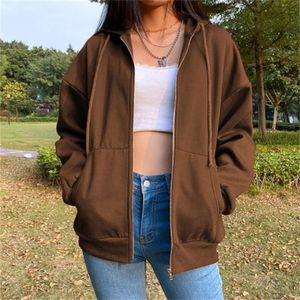Jacket Outwear for Women Streetwear Top Brown Zip Up Sweatshirt Vintage Pockets Y2K Egirl Oversize Hoodies Long Sleeve Pullovers 210928