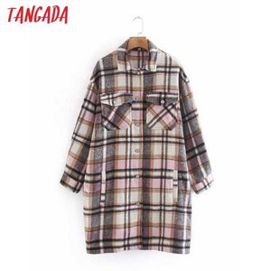 Tangada Kobiety Pink Plaid Wzór Długie Płaszcze Kurtka Luźne Długie Rękawy Pocket Panie Elegancki Płaszcz 2W42 210609