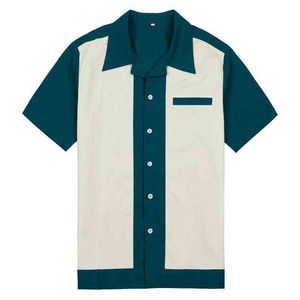 Män Casual Shirt St111 Bomull Kortärmad Grå Blå Grön Vintage Rock Bowling Shirt 50s Man Kläder G0105