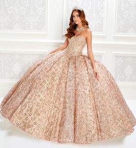 Rose Gold Ball Gown Quinceanera Dresses Sequins Bodice Corset Lace Beads Prom Dress With Wrap Princess Party Gowns Lace-Up
