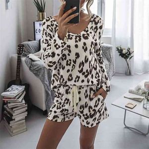 Jesień Lampart Piżama Zestaw Kobiety Home Nosić Loungewear PJS Sleep Wear Damski garnitur 210809