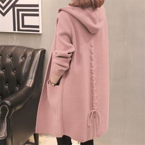 Plus Size Women's Hooded Cardigan Coat Höst Vinter Koreanskt Tjockad Varm Lady Midlängd Stickade Toppar 5XL Pull Femme 210903