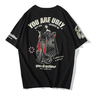 Brand Oversized Men T-Shirt Japanese Geisha Dragon Print T Shirts Casual Anime Tshirt Cotton Summer Streetwear Men's Clothing US Size Bo 9770