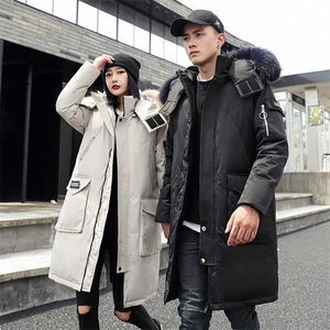 -30 Degree Couple Winter White Duck Down Jacket Long Keep Warm Thicken Coat Men Fashion Hooded Fur Collar Windbreaker Down Parka 211204