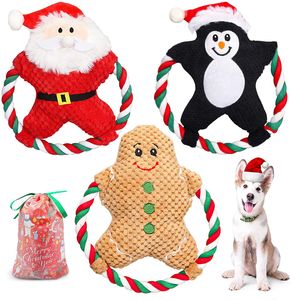 Giocattoli natalizi di peluche striduli per cani Giocattolo da masticare farcito con corda di cotone Cucciolo resistente Set di giocattoli interattivi per animali di piccola taglia media Babbo Natale Omino di pan di zenzero H08