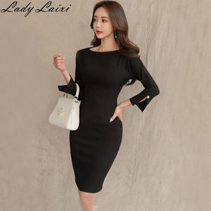 Spring Women Dress Vintage Black 3/4 Ärm Formell Party Bodycon Office Lady Work Bodycon Pencil Dresses 210529