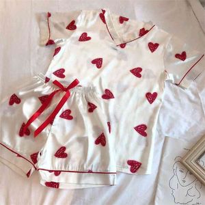 Pajimas dla kobiet Serce Drukuj Krótkie Rękawy Piżama Zestaw Lato Kobiet Koszula Nocna Panie Plus Size Nightwear Homewear 210809