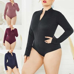 2020 Brand New Womens Solid Långärmad Toppar Bodysuit Jumper Bodycon Plus Storlek Zipped Jumpsuit Sheath Bodysuits Y0927